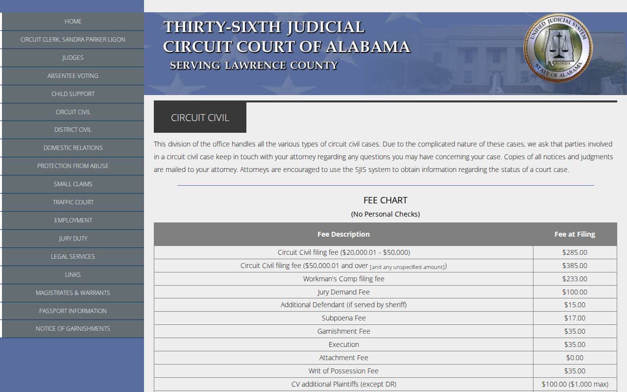 Lawrence County civil docket Circuit Civil procedure and filing bands