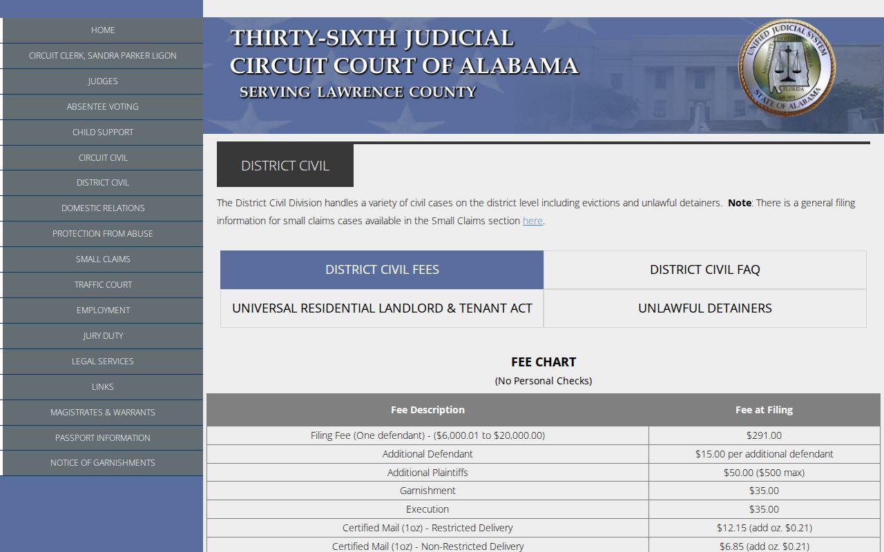 Lawrence County civil docket District Civil timing and fees