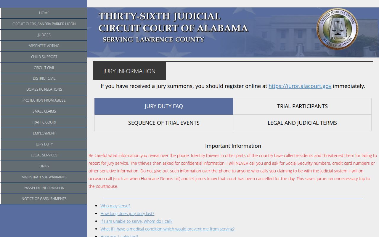 Lawrence County court calendar jury and courthouse procedure