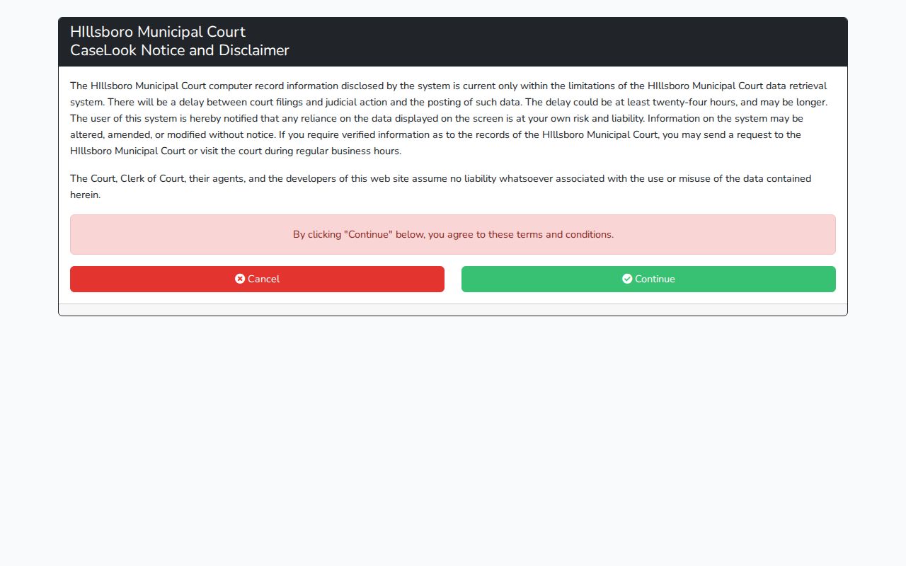 Hillsboro court records CaseLook disclaimer gateway