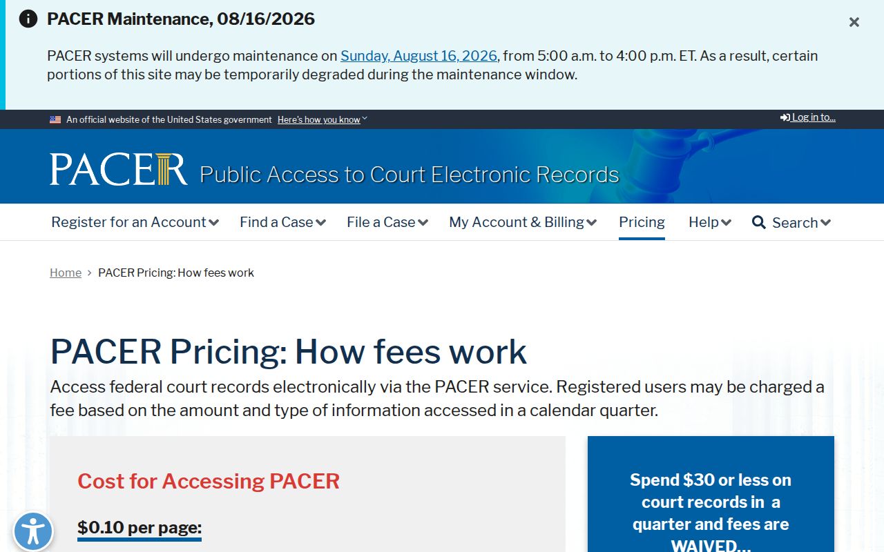 PACER pricing source separate from North Courtland court record fees